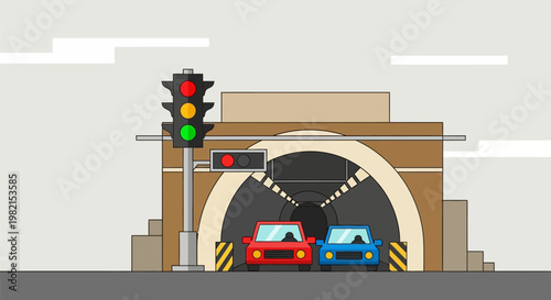 Two cars approaching and entering a tunnel entrance.