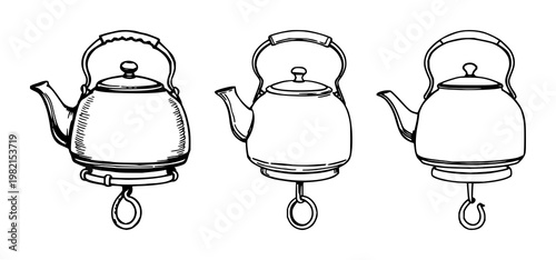 Cast iron kettle set with sketchy black line art on a hearth hook featuring cast iron kettle, hearth hook, line art with black lines and white background