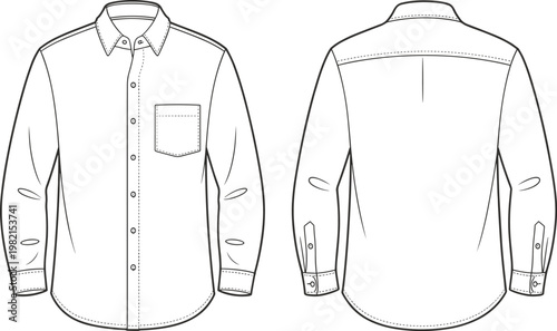 Flat vector button-up shirt design, collar, pocket, cuffs, back yoke