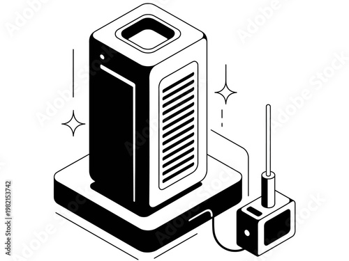 Black and white illustration of portable air conditioner with radio
