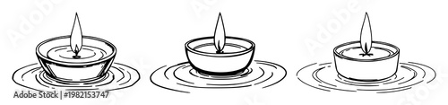 Tea light candle set with floating in water illustration featuring hand-drawn line art, simple, silhouette with water reflection and white background