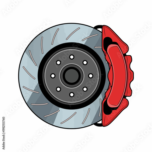 Car brake rotor with red caliper isolated on white background