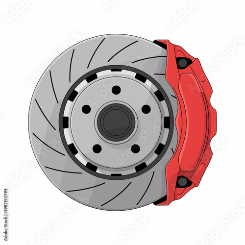 Car brake rotor with red caliper on white background