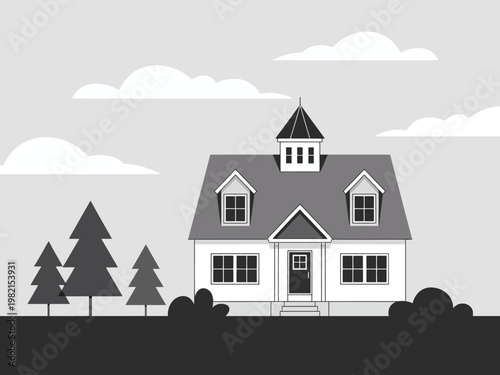 Illustration of a house with trees and clouds in the background
