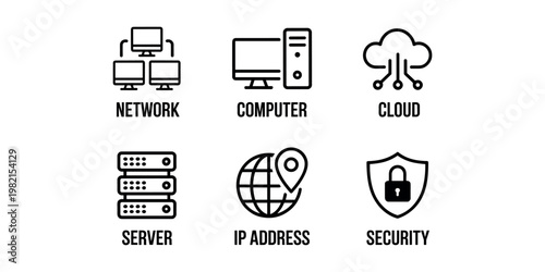 Six black and white technology network computer cloud server I P address security technology network computer cloud server IP address security digital