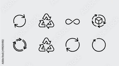 black line icons of recycling and circular arrows on gray background