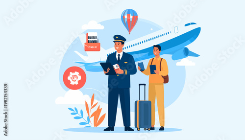 Airline pilot and female traveler standing.