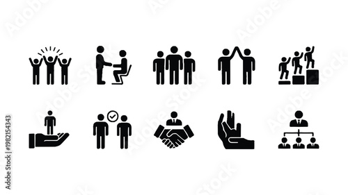 black silhouettes of people in various teamwork and partnership poses on white background