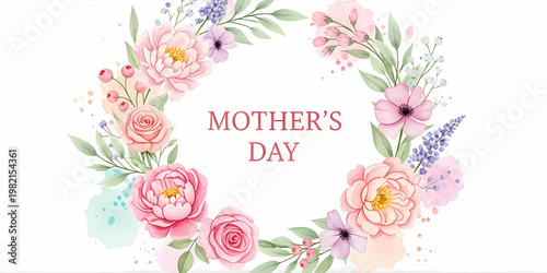 Elegant Pink Floral Wreath for Happy Mother's Day Greeting Banner