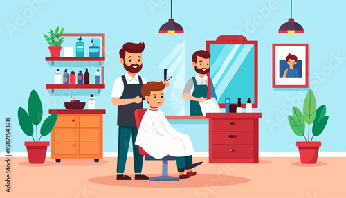Boy Getting Haircut by Barber Man.