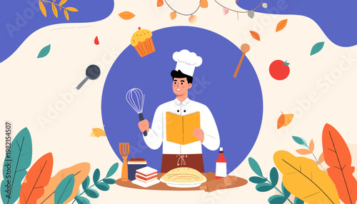 Chef in kitchen with cooking utensils.