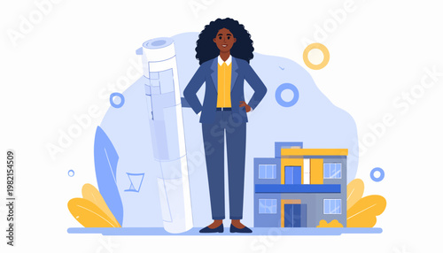 Confident Businesswoman in Blue Suit Standing.