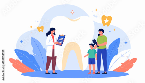 Dentist with family in clinic.