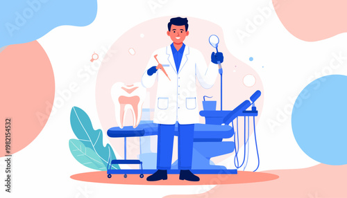 Dentist standing with dental tools.