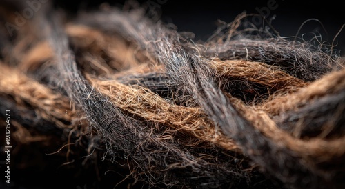 A close-up shot reveals a tangled mass of fibrous material, showcasing a complex interplay of textures and tones against a dark background.