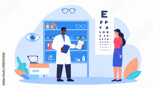 Doctor and patient in eye exam.