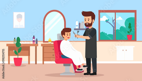 Man getting haircut at barbershop chair.