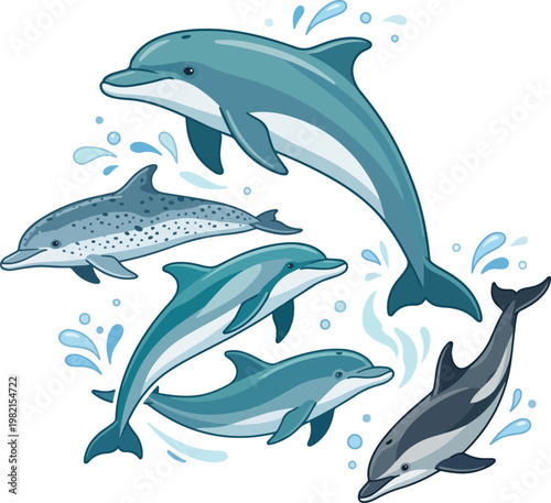 Set of various dolphin species vector illustration jumping and swimming isolated