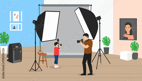 Man and woman taking photographs studio.