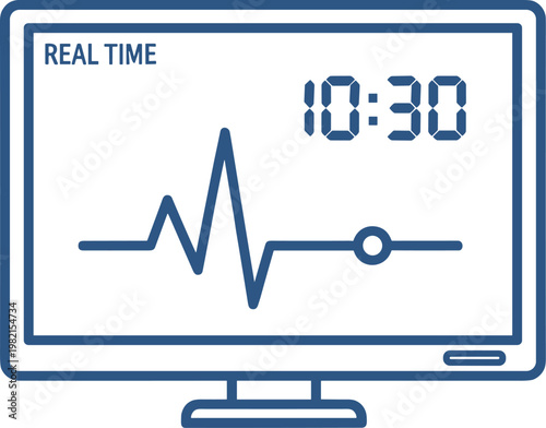 Desktop monitor showing real time data stream with heart beat cardiogram and digital clock indicating current time.