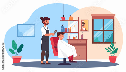 Man getting haircut at barbershop chair.