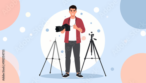 Man holding camera and tablet device.