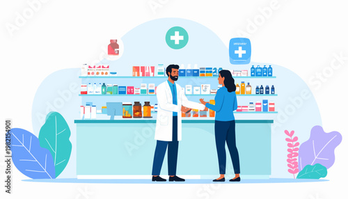 Pharmacist and customer at counter.