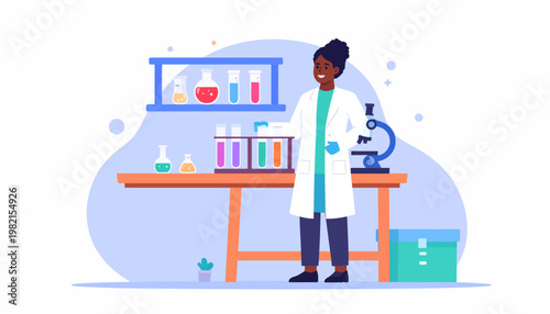 Scientist in lab coat standing.