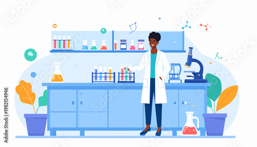 Scientist standing in laboratory setting.