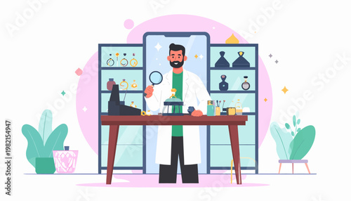 Scientist in lab coat working.