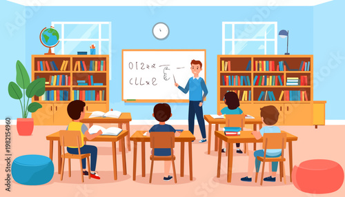 Students sitting at desks in classroom.