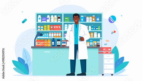 Pharmacist standing behind counter professionally.