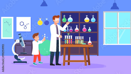 Scientist and boy in lab coats.