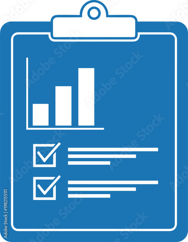 Medical clipboard with bar chart and checklist icons showing analytical report data on blue background for health industry.