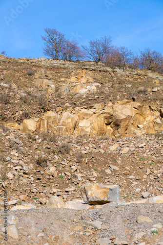 The hillside is dotted with huge brown boulders on brown earth. The geology of the rocks is clearly visible. Leafless trees stand at the summit. A bright blue sky is in the background.