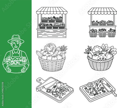 Hand Drawn Street Food Stall and Basket Icons Set Transparent Background