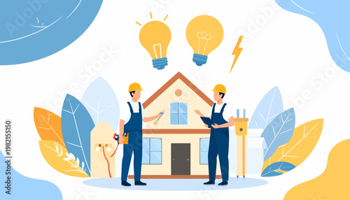 Two men in overalls with house.