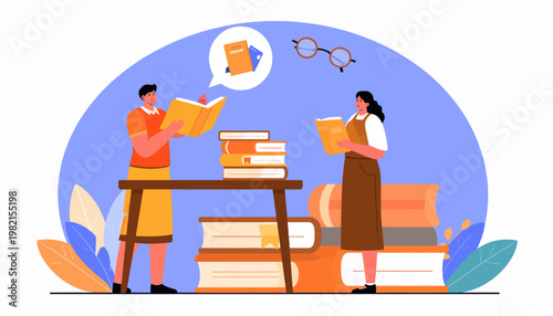 Two people reading books standing up.