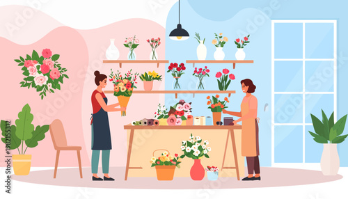 Two women arranging colorful flower bouquets.