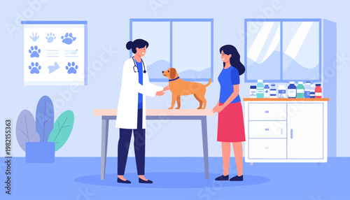 Veterinarian Examining Dog in Clinic.