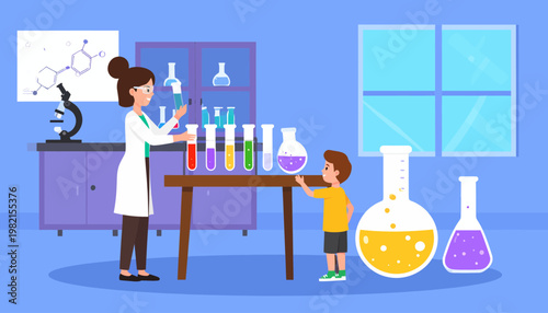 Woman and child in science lab.