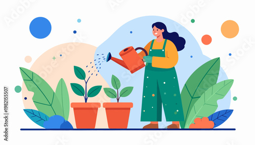 Woman watering plants in green overalls.
