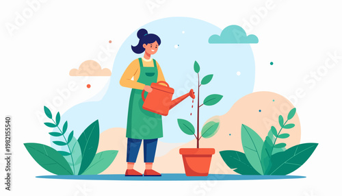 Woman Watering Young Green Plant.