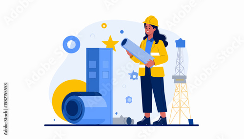 Woman wearing yellow hardhat and vest.