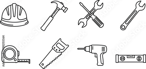 Construction tools icons vector set with helmet hammer wrench saw drill and measuring equipment outline illustration