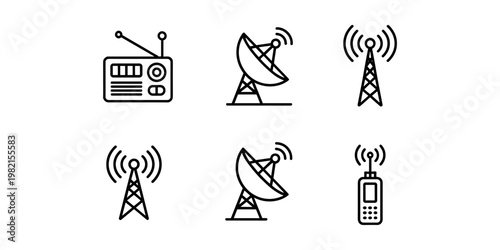 Six black line of communication devices on white background radio satellite dish mobile phone cell tower