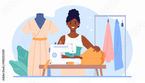 Woman working at sewing machine desk.