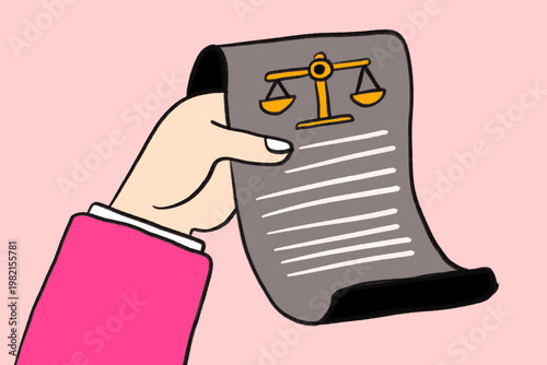 Financial contract document with law balance icon in hand
