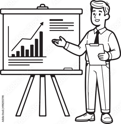 Man presenting on easel with bar graph on vector illustration
