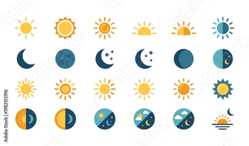 Flat day and night icon set with sun and moon symbols vector illustration isolated on white background for weather and time concept